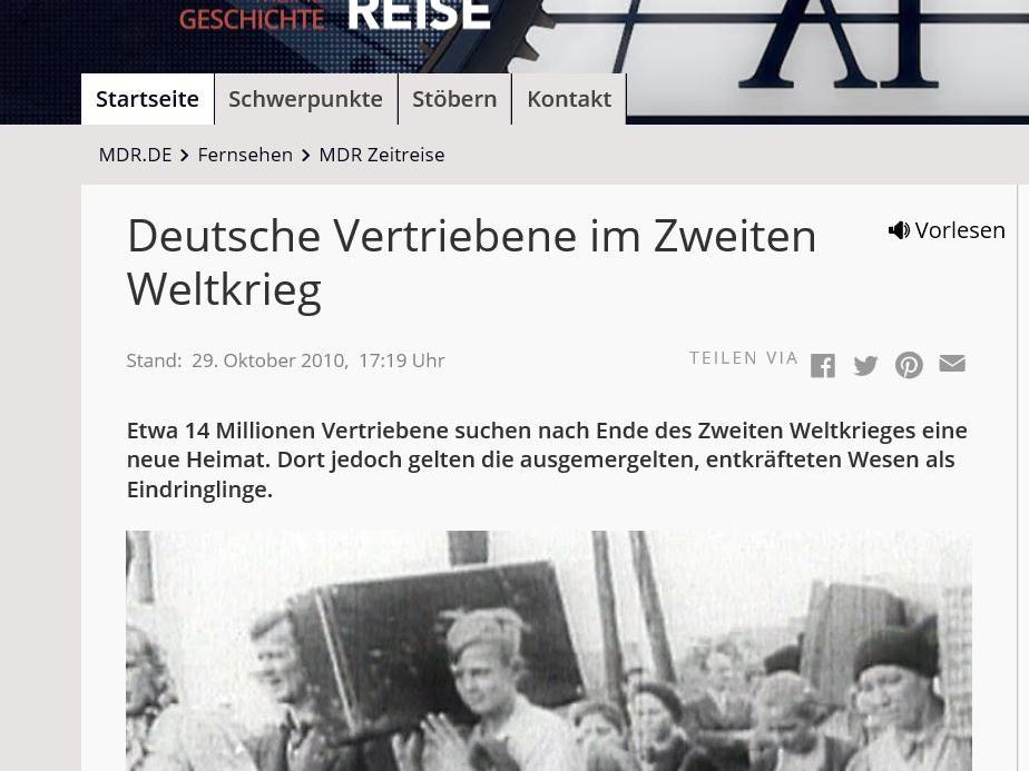 Bildausschnitt vom Beitrag "Deutsche Vertriebene im Zweiten Weltkrieg" des MDR auf seiner Homepage