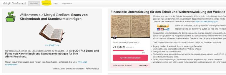 Screenshot Website des Digitalisierungsprojektes Metryki GenBaza