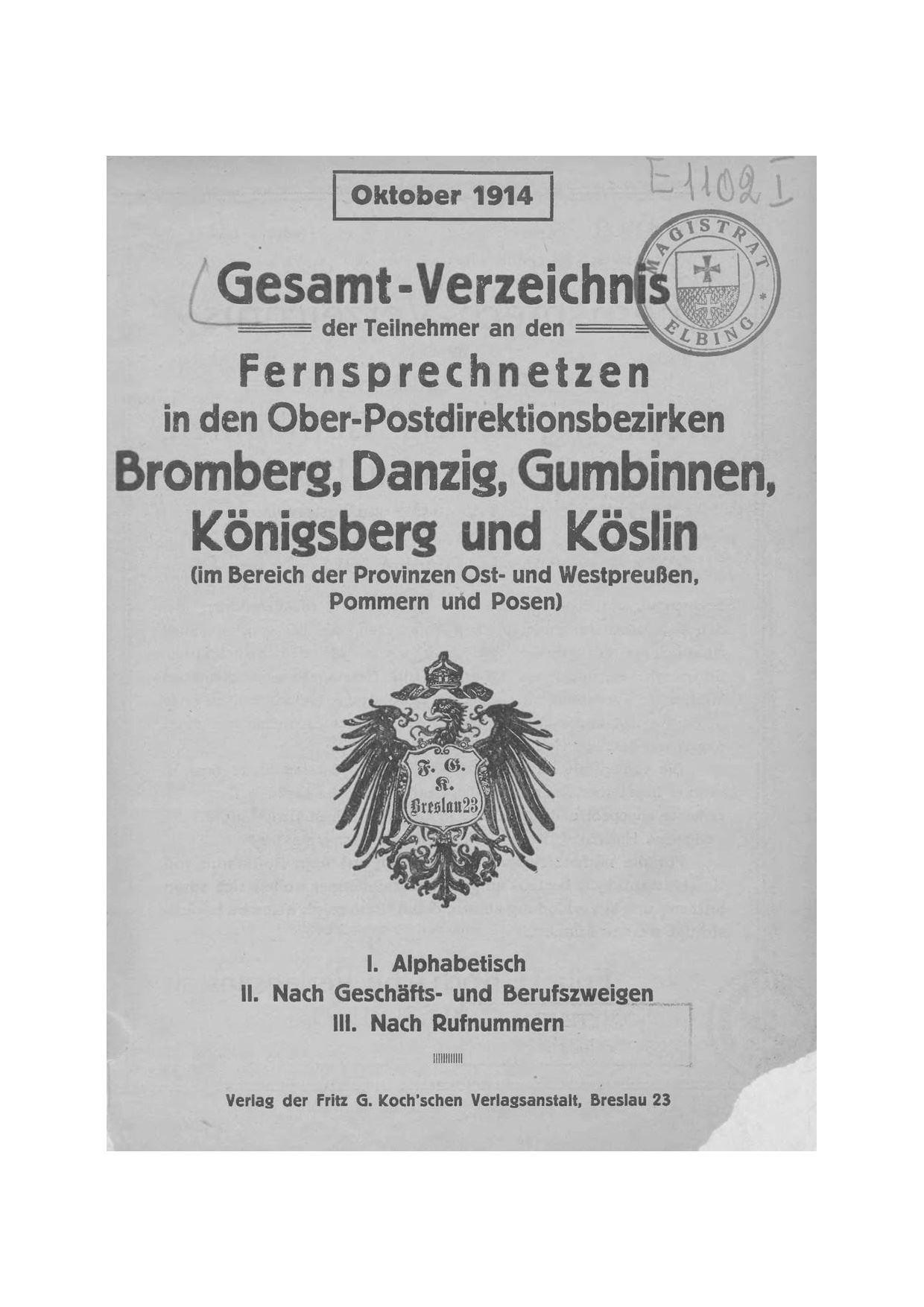 Titelblatt Telefonbuch Ost- und Westpreussen 1914