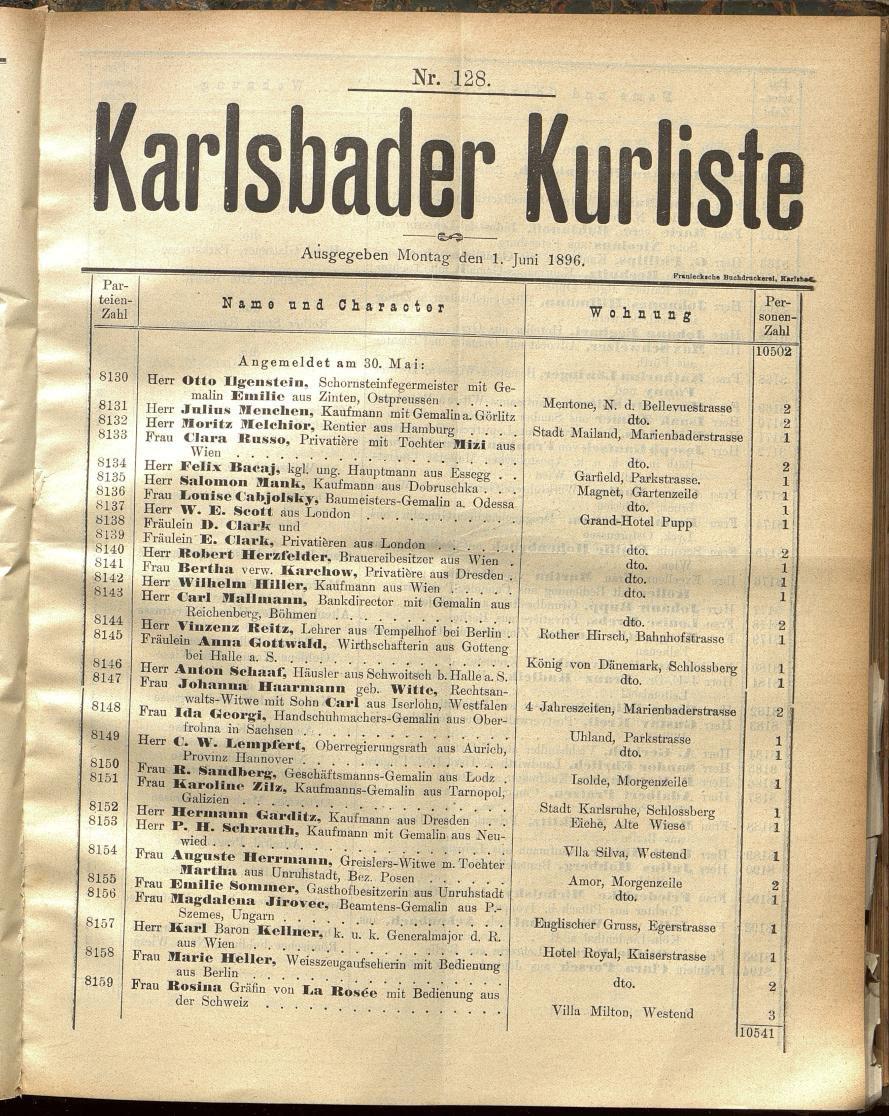 Zeitungsausschnitt "Karlsbader Kurliste" vom 01.06.1896 